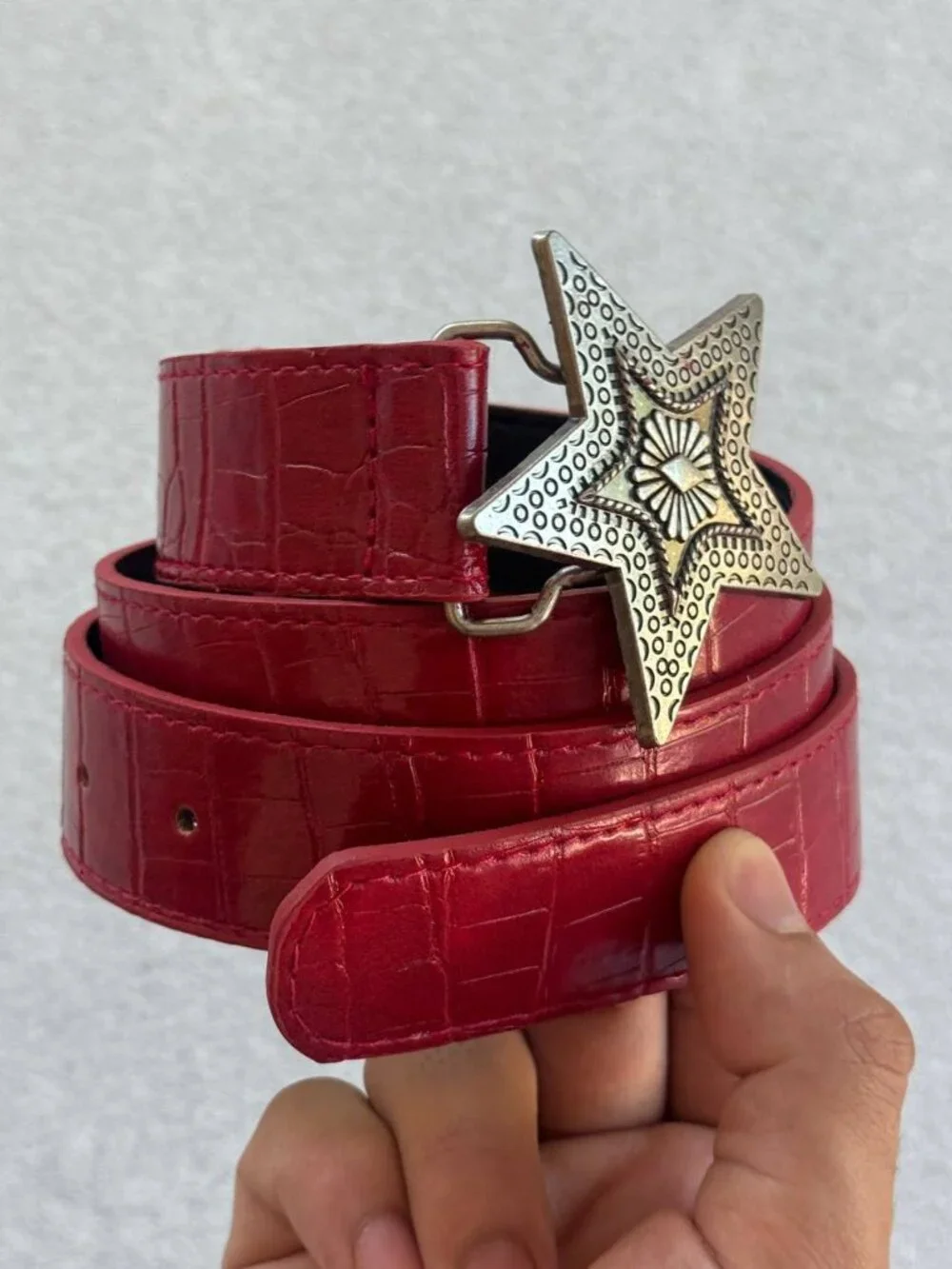 Red Faux Croc Western Star Buckle Belt